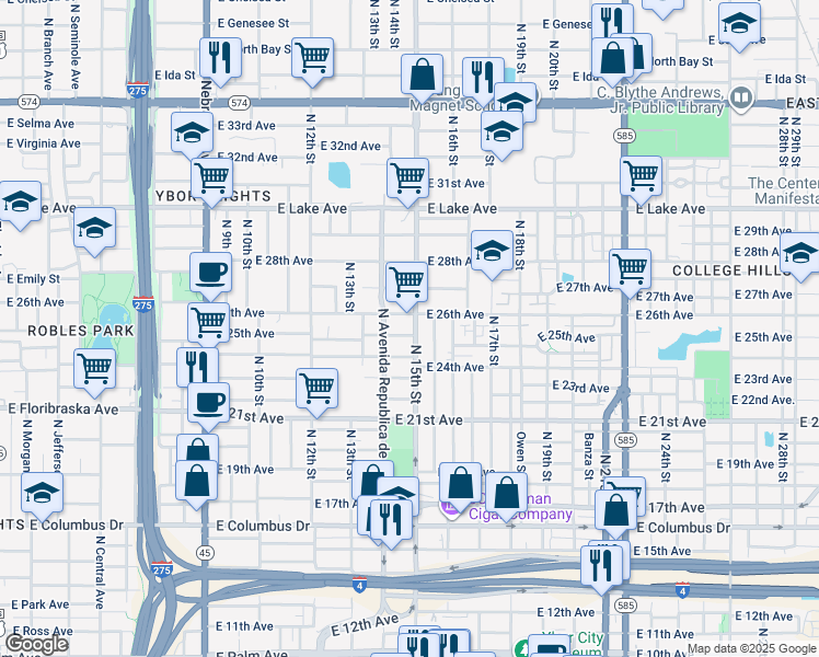 map of restaurants, bars, coffee shops, grocery stores, and more near 3304 North 15th Street in Tampa