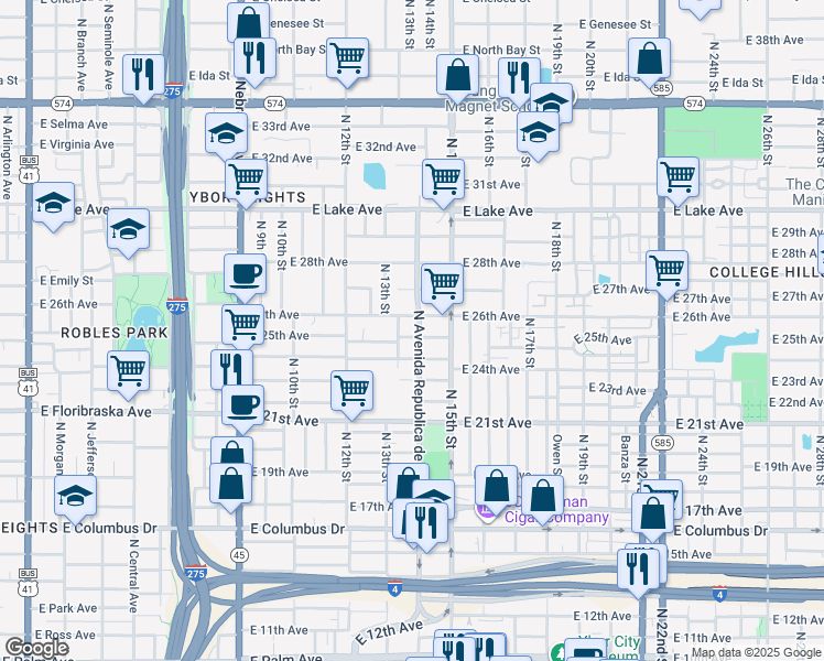 map of restaurants, bars, coffee shops, grocery stores, and more near 3300 North Avenida Republica de Cuba in Tampa