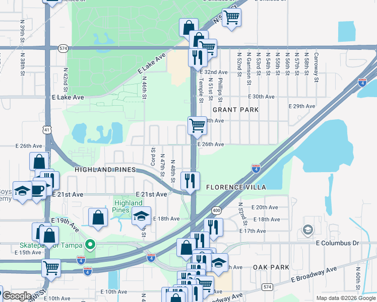 map of restaurants, bars, coffee shops, grocery stores, and more near 3213 North 49th Street in Tampa
