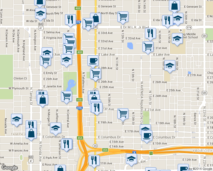 map of restaurants, bars, coffee shops, grocery stores, and more near 1001 East 25th Avenue in Tampa