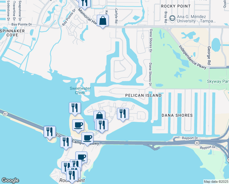 map of restaurants, bars, coffee shops, grocery stores, and more near 7101 Pelican Island Drive in Tampa