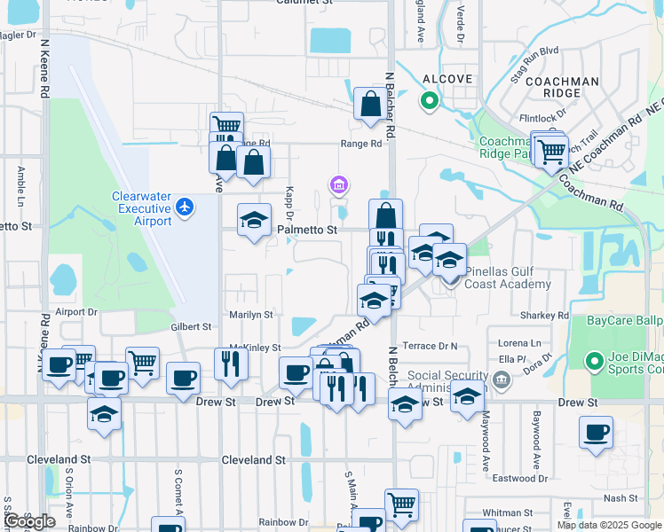 map of restaurants, bars, coffee shops, grocery stores, and more near 786 Lantern Way in Clearwater