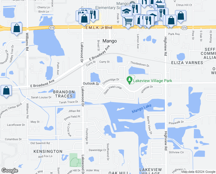 map of restaurants, bars, coffee shops, grocery stores, and more near 1654 Open Field Loop in Brandon