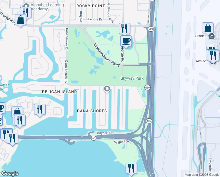 map of restaurants, bars, coffee shops, grocery stores, and more near 3622 Dana Shores Drive in Tampa