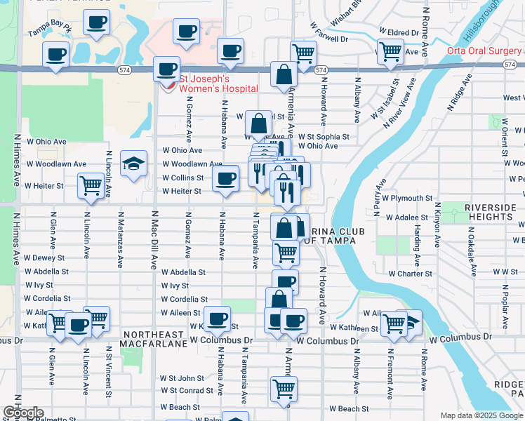 map of restaurants, bars, coffee shops, grocery stores, and more near 2525 West Douglas Street in Tampa