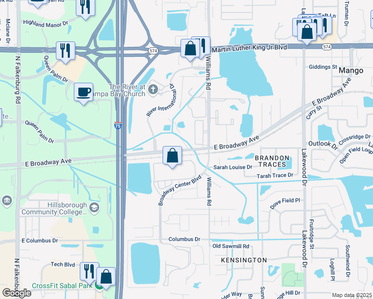 map of restaurants, bars, coffee shops, grocery stores, and more near 10716 East Broadway Avenue in Tampa