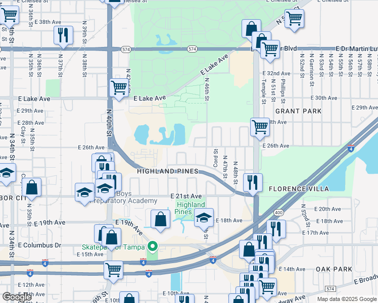 map of restaurants, bars, coffee shops, grocery stores, and more near 3209 North 45th Street in Tampa