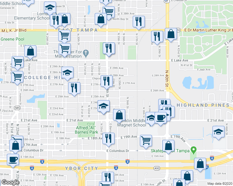 map of restaurants, bars, coffee shops, grocery stores, and more near 3502 East 25th Avenue in Tampa
