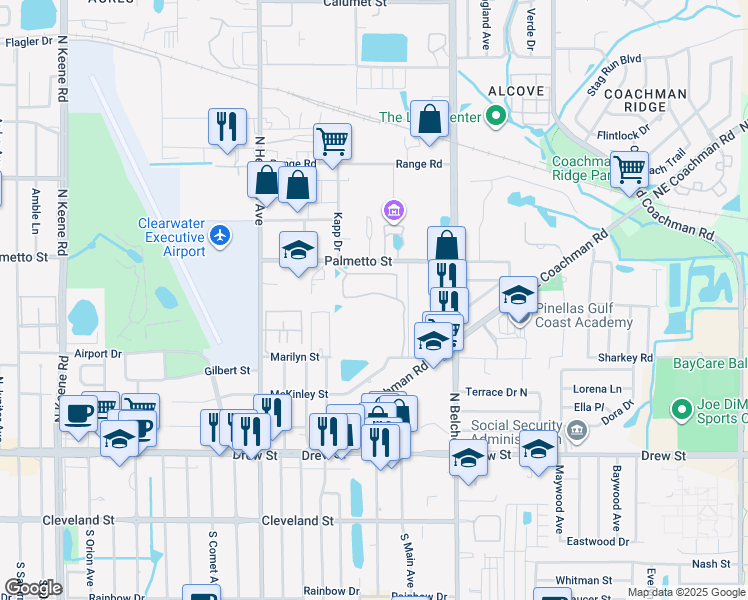 map of restaurants, bars, coffee shops, grocery stores, and more near 786 Lantern Way in Clearwater