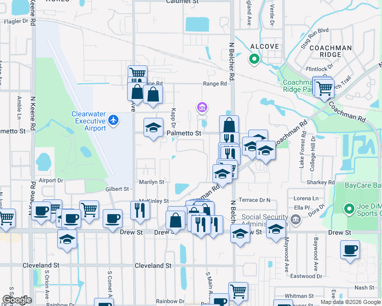 map of restaurants, bars, coffee shops, grocery stores, and more near 832 Lantern Way in Clearwater