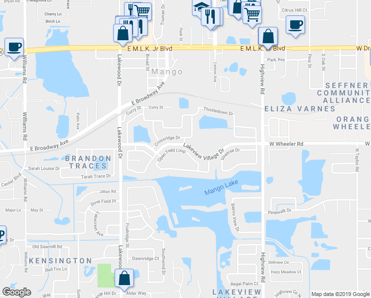 map of restaurants, bars, coffee shops, grocery stores, and more near 1630 Open Field Loop in Brandon
