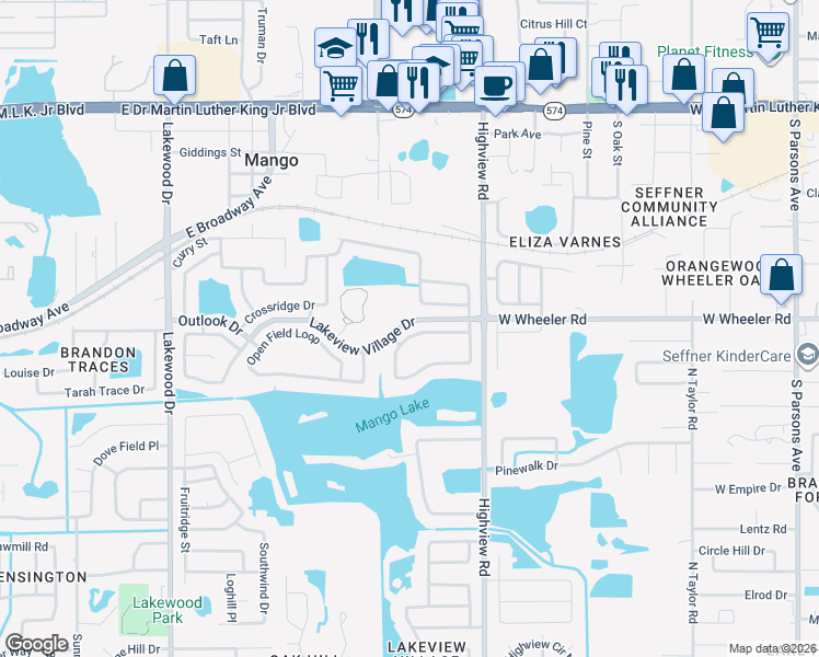map of restaurants, bars, coffee shops, grocery stores, and more near 1121 Vinetree Drive in Brandon