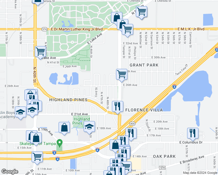 map of restaurants, bars, coffee shops, grocery stores, and more near 3213 North 49th Street in Tampa