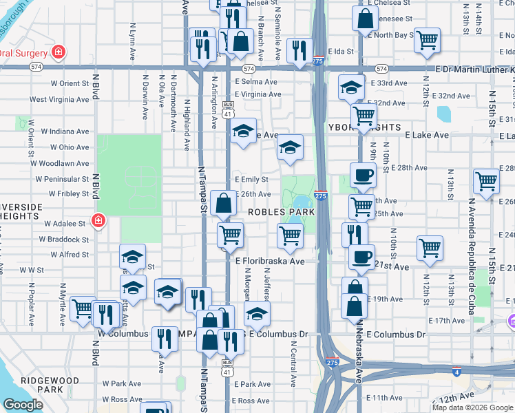 map of restaurants, bars, coffee shops, grocery stores, and more near 309 East Janette Avenue in Tampa