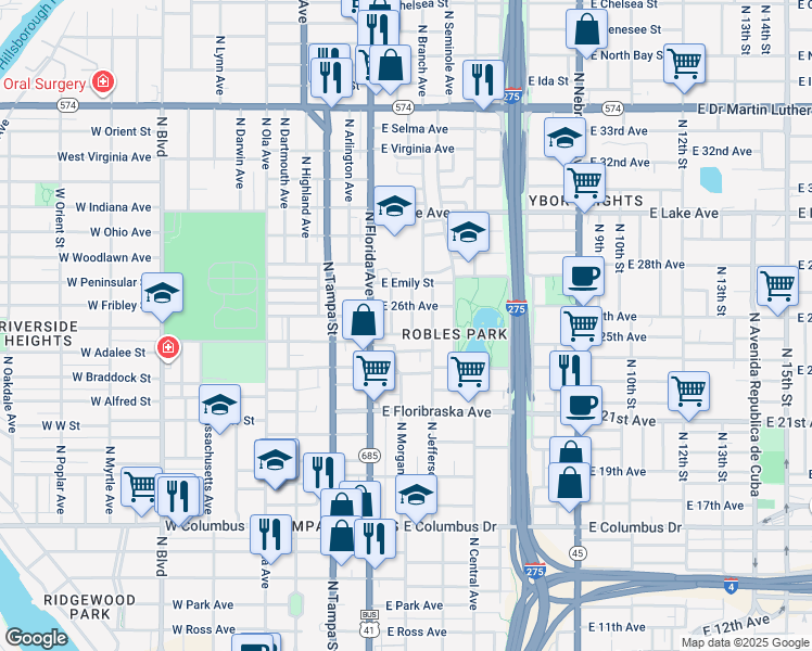 map of restaurants, bars, coffee shops, grocery stores, and more near 309 East Janette Avenue in Tampa