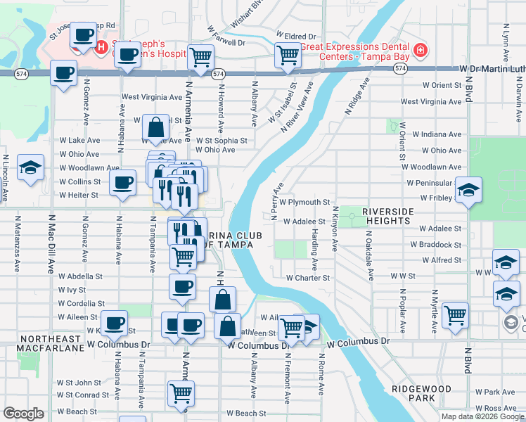 map of restaurants, bars, coffee shops, grocery stores, and more near 3202 North Perry Avenue in Tampa