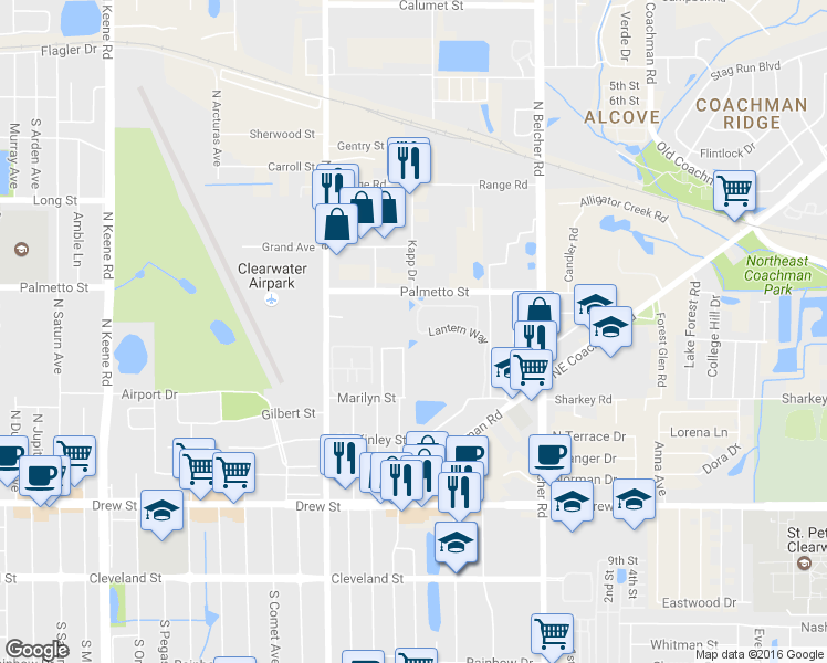 map of restaurants, bars, coffee shops, grocery stores, and more near 832 Lantern Way in Clearwater