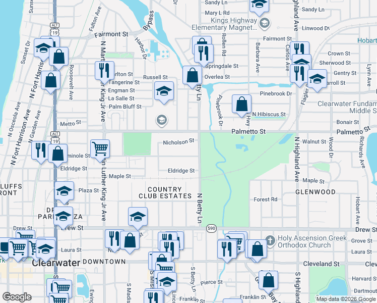 map of restaurants, bars, coffee shops, grocery stores, and more near 1265 Seminole Street in Clearwater