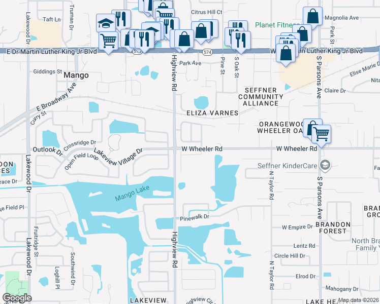 map of restaurants, bars, coffee shops, grocery stores, and more near 1226 Lake Highview Lane in Brandon