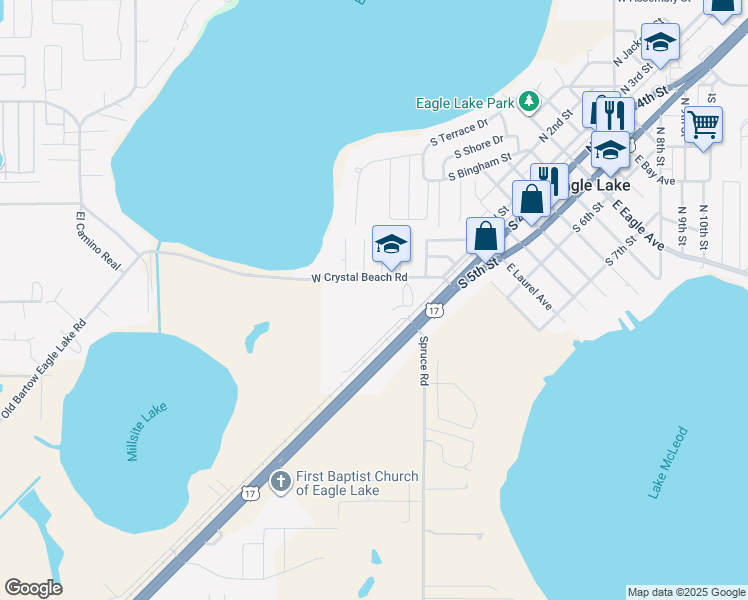 map of restaurants, bars, coffee shops, grocery stores, and more near 400 West Crystal Beach Road in Eagle Lake