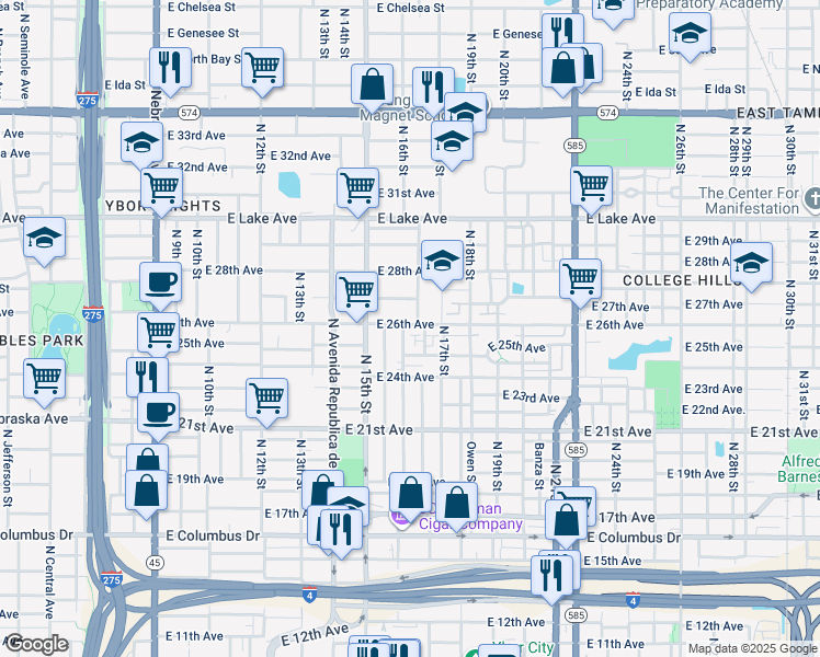 map of restaurants, bars, coffee shops, grocery stores, and more near 1601 East 26th Avenue in Tampa