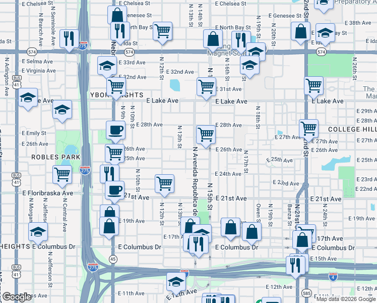 map of restaurants, bars, coffee shops, grocery stores, and more near 3300 North Avenida Republica de Cuba in Tampa