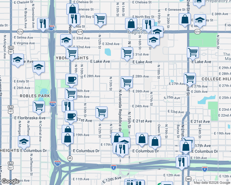 map of restaurants, bars, coffee shops, grocery stores, and more near 3300 North Avenida Republica de Cuba in Tampa