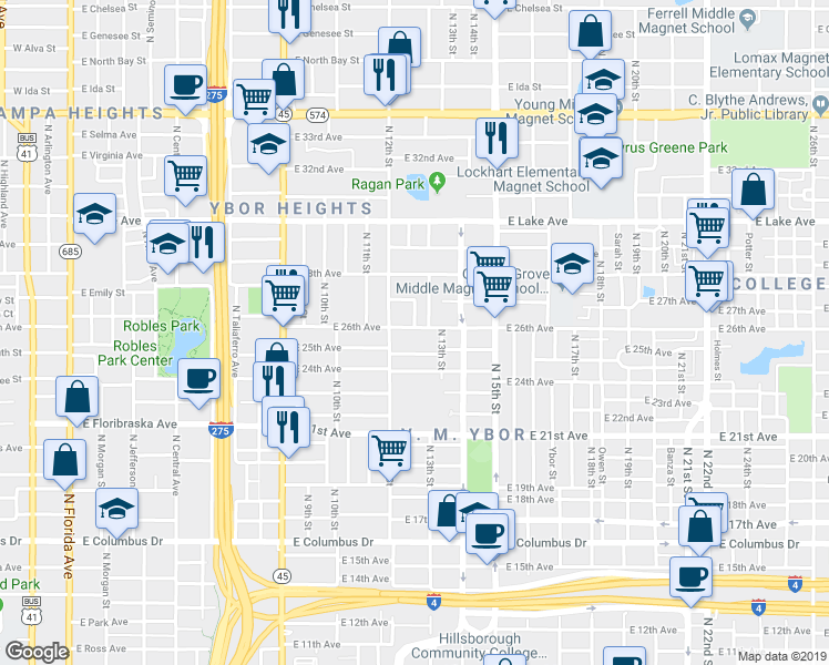 map of restaurants, bars, coffee shops, grocery stores, and more near 1214 East 25th Avenue in Tampa