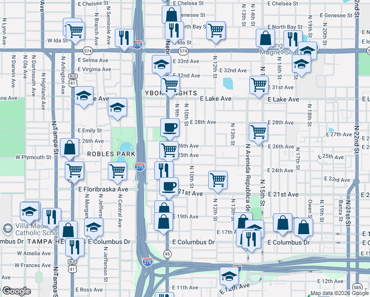 map of restaurants, bars, coffee shops, grocery stores, and more near 1001 East 25th Avenue in Tampa
