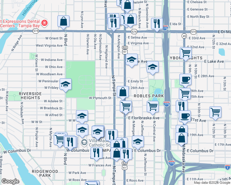 map of restaurants, bars, coffee shops, grocery stores, and more near 3202 North Tampa Street in Tampa