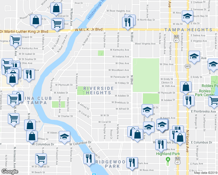 map of restaurants, bars, coffee shops, grocery stores, and more near 822 West Plymouth Street in Tampa