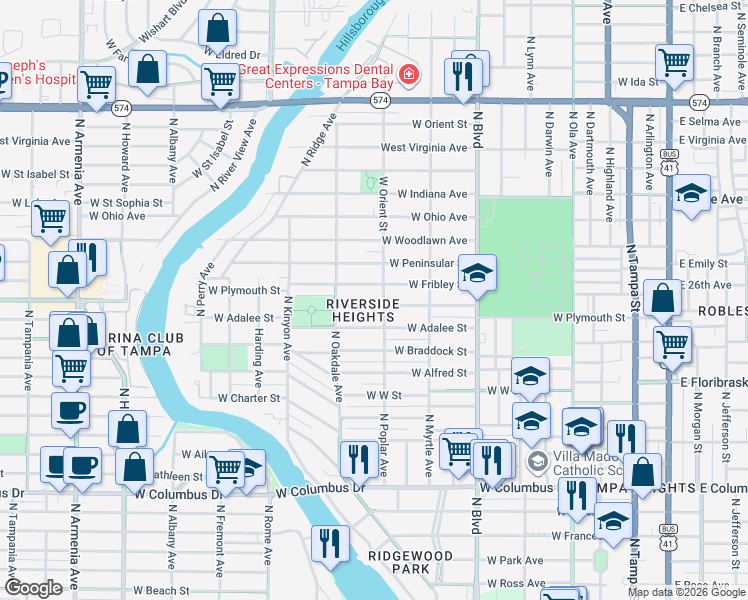 map of restaurants, bars, coffee shops, grocery stores, and more near 822 West Plymouth Street in Tampa
