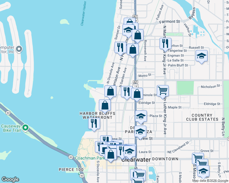 map of restaurants, bars, coffee shops, grocery stores, and more near 504 Seminole Street in Clearwater