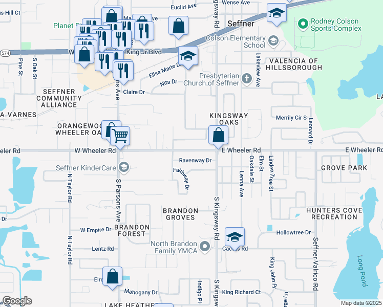 map of restaurants, bars, coffee shops, grocery stores, and more near 204 West Wheeler Road in Seffner