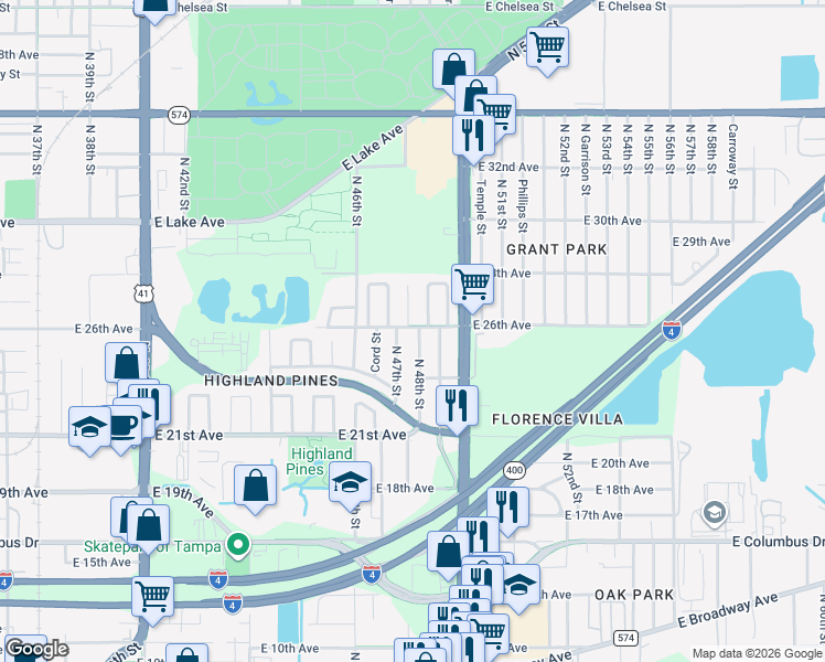map of restaurants, bars, coffee shops, grocery stores, and more near 3224 North 48th Street in Tampa