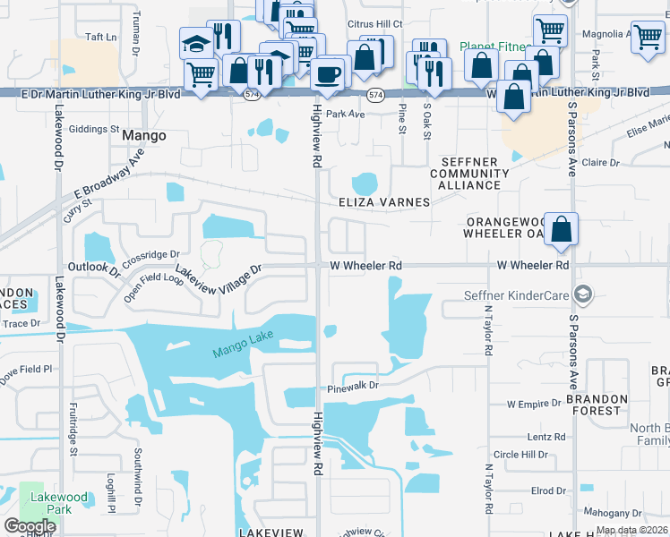 map of restaurants, bars, coffee shops, grocery stores, and more near 1226 Lake Highview Lane in Brandon