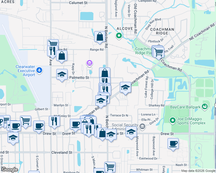 map of restaurants, bars, coffee shops, grocery stores, and more near 200 North Starcrest Drive in Clearwater