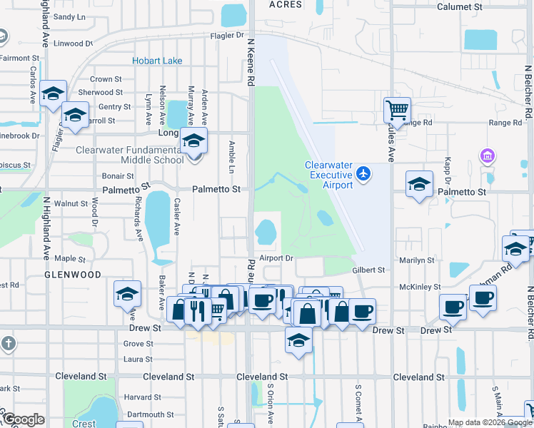 map of restaurants, bars, coffee shops, grocery stores, and more near 839 North Keene Road in Clearwater