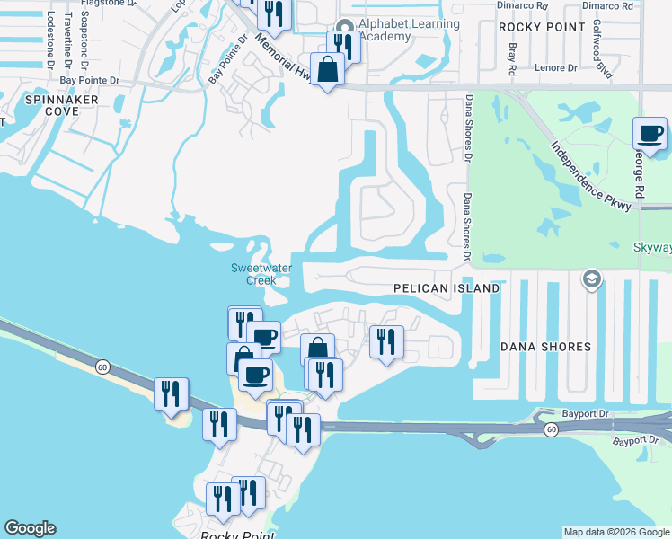 map of restaurants, bars, coffee shops, grocery stores, and more near 7101 Pelican Island Drive in Tampa