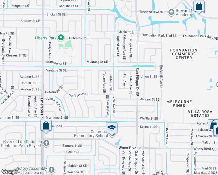 map of restaurants, bars, coffee shops, grocery stores, and more near 1195 Gulfport Road Southeast in Palm Bay