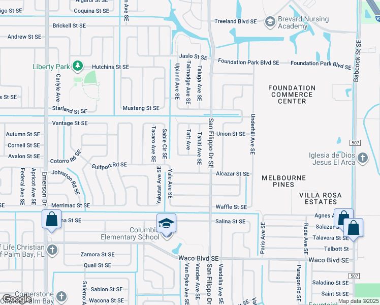 map of restaurants, bars, coffee shops, grocery stores, and more near 1231 Alcazar Street Southeast in Palm Bay