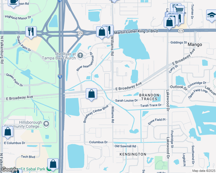 map of restaurants, bars, coffee shops, grocery stores, and more near 10716 East Broadway Avenue in Tampa