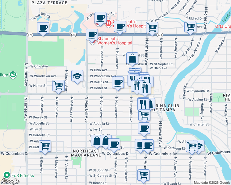map of restaurants, bars, coffee shops, grocery stores, and more near 2907 West Douglas Street in Tampa