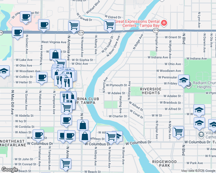 map of restaurants, bars, coffee shops, grocery stores, and more near 1308 West Plymouth Street in Tampa