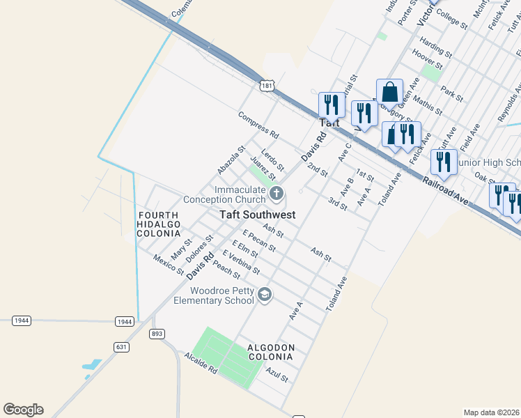 map of restaurants, bars, coffee shops, grocery stores, and more near in Taft Southwest
