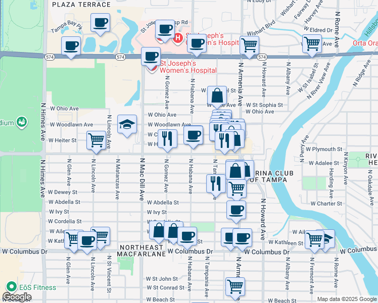 map of restaurants, bars, coffee shops, grocery stores, and more near 2907 West Douglas Street in Tampa