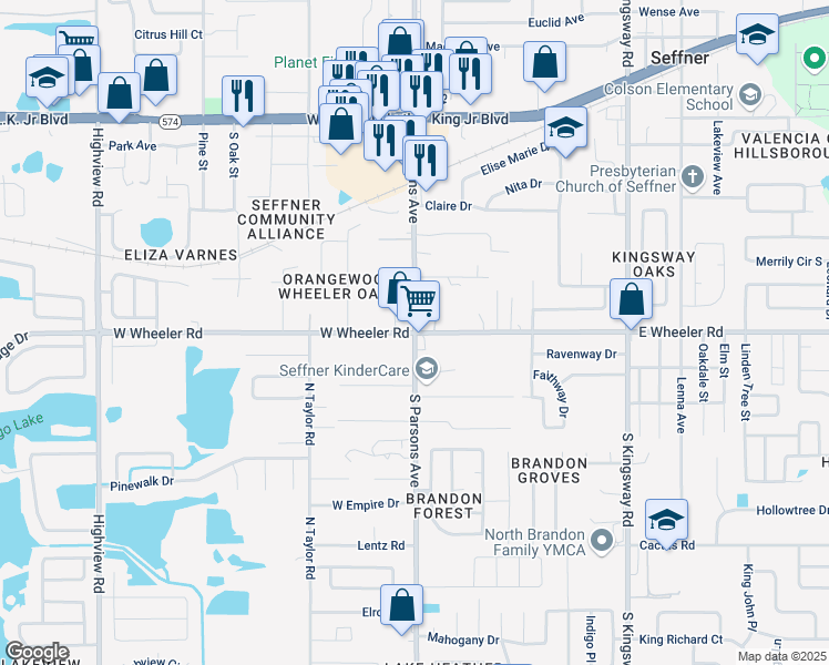 map of restaurants, bars, coffee shops, grocery stores, and more near S Parsons Ave & W Wheeler Rd in Brandon