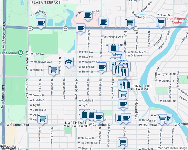 map of restaurants, bars, coffee shops, grocery stores, and more near 2907 West Douglas Street in Tampa