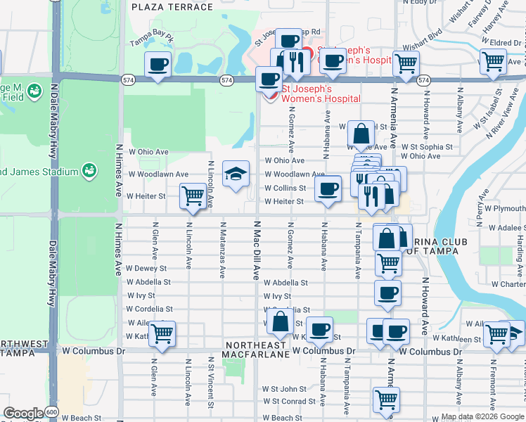 map of restaurants, bars, coffee shops, grocery stores, and more near 3017 West Heiter Street in Tampa