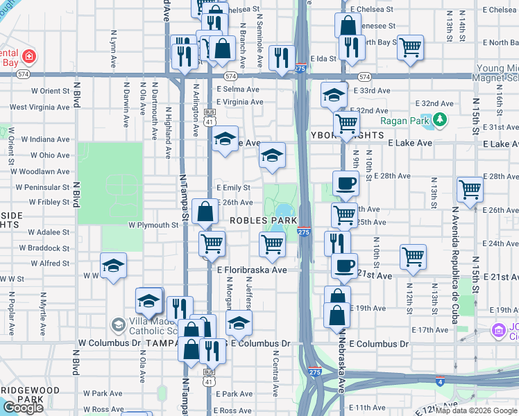map of restaurants, bars, coffee shops, grocery stores, and more near 3406 North Avon Avenue in Tampa